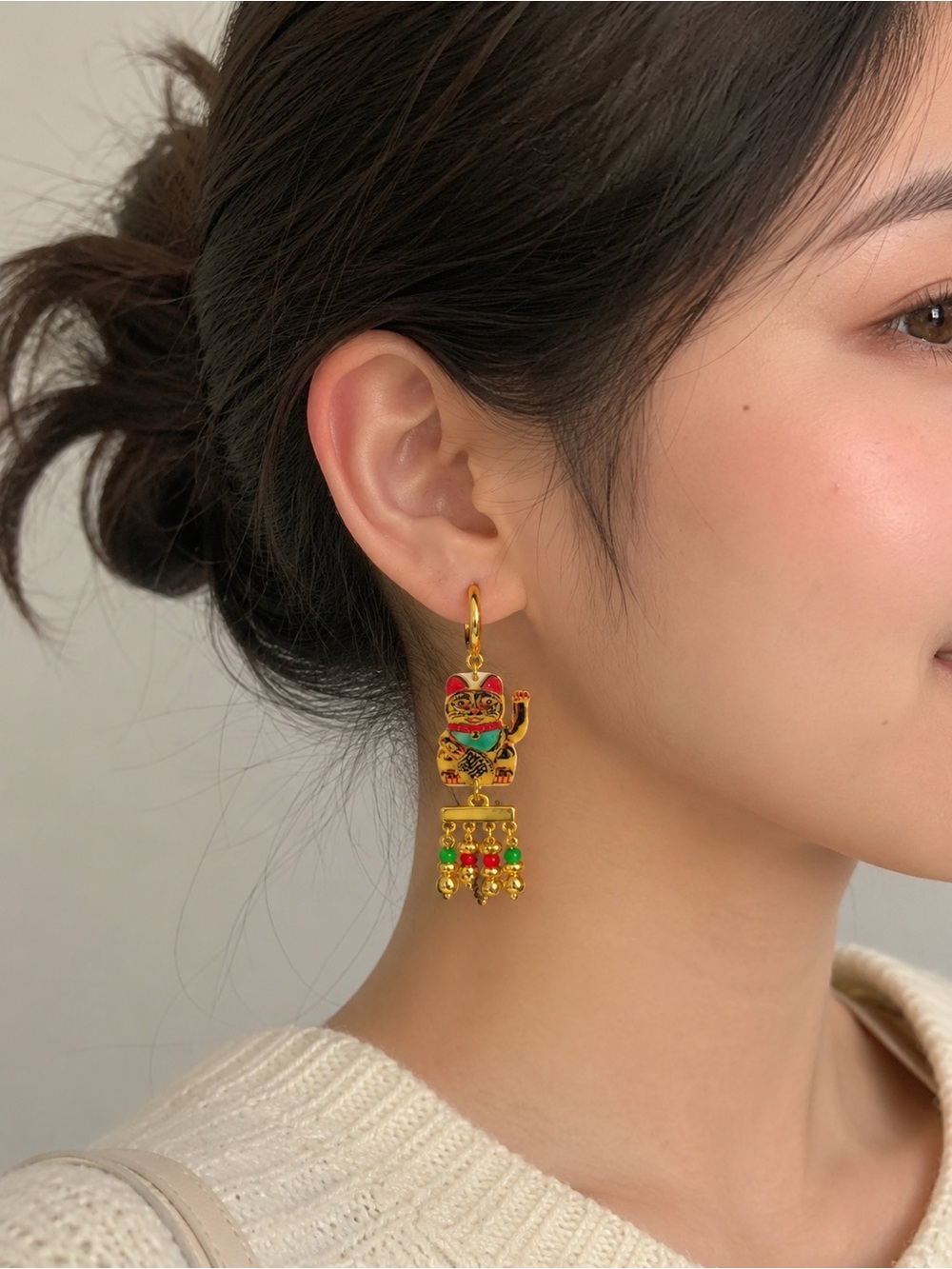 Gold-Tone Maneki Neko Lucky Cat Dangle Earrings in Multicolor